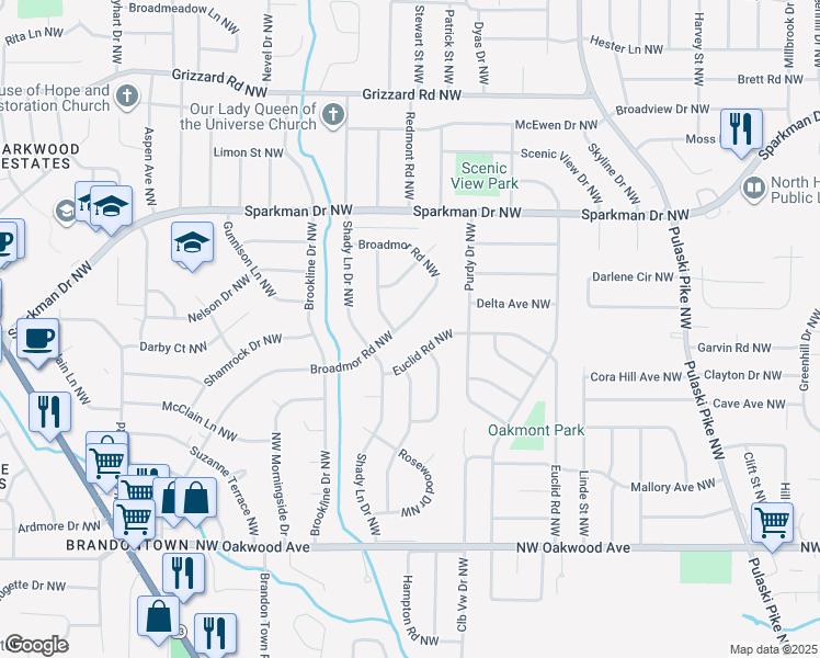 map of restaurants, bars, coffee shops, grocery stores, and more near 3721 Broadmor Road Northwest in Huntsville