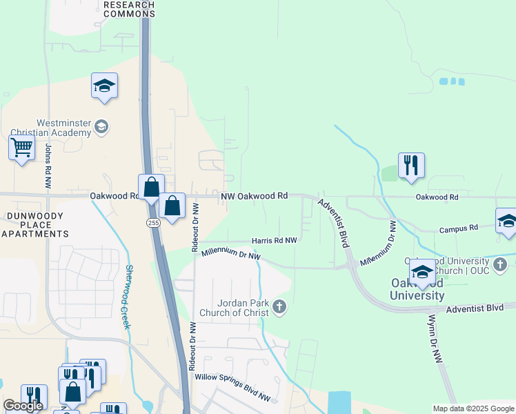 map of restaurants, bars, coffee shops, grocery stores, and more near 5509 Oakwood Road Northwest in Huntsville