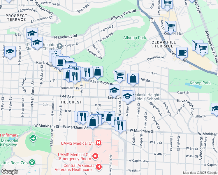map of restaurants, bars, coffee shops, grocery stores, and more near 4110 Woodlawn Drive in Little Rock