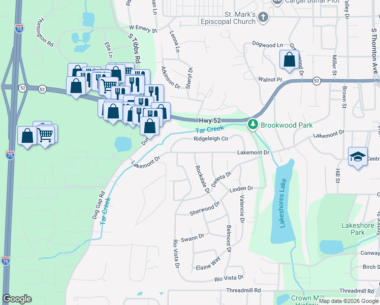 map of restaurants, bars, coffee shops, grocery stores, and more near 1301 Lakemont Drive in Dalton