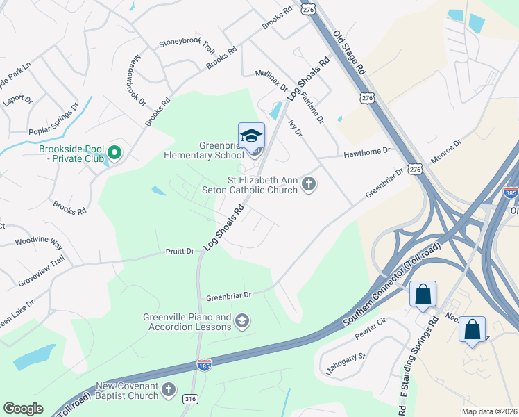 map of restaurants, bars, coffee shops, grocery stores, and more near 101 Shoally Lane in Greenville
