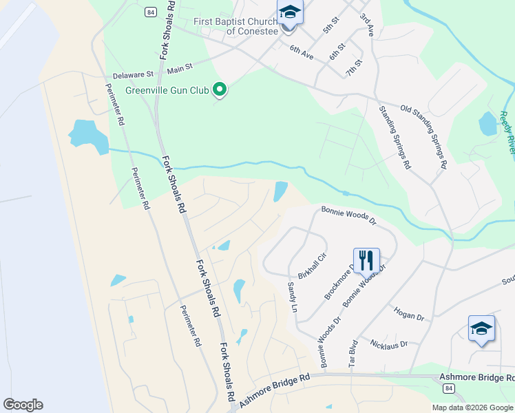 map of restaurants, bars, coffee shops, grocery stores, and more near 104 Baldric Drive in Greenville