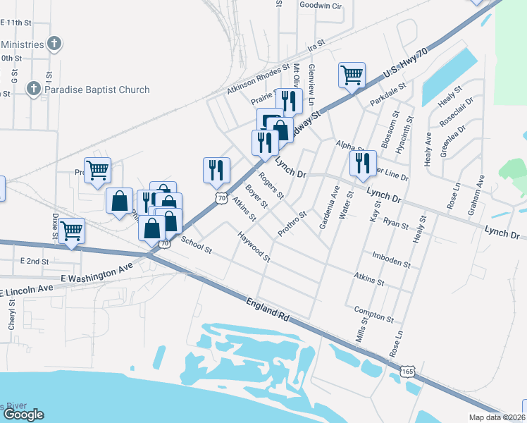 map of restaurants, bars, coffee shops, grocery stores, and more near 4513 Atkins Street in North Little Rock