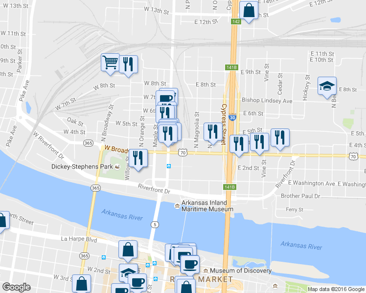map of restaurants, bars, coffee shops, grocery stores, and more near 300-398 North Poplar Street in North Little Rock