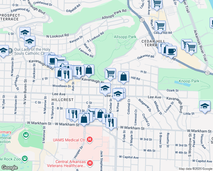 map of restaurants, bars, coffee shops, grocery stores, and more near in Little Rock
