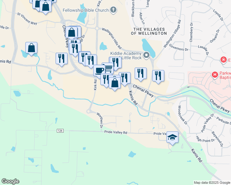map of restaurants, bars, coffee shops, grocery stores, and more near 16105 Chenal Parkway in Little Rock