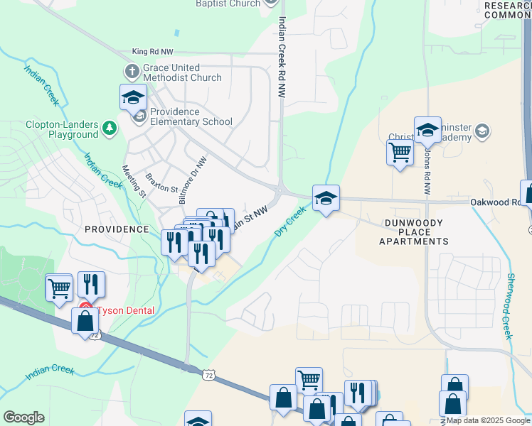 map of restaurants, bars, coffee shops, grocery stores, and more near 8 Providence Main Street Northwest in Huntsville