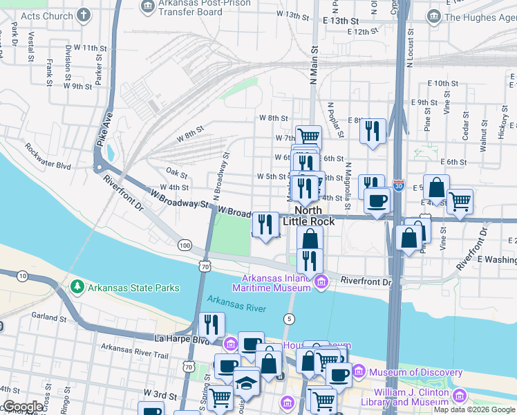 map of restaurants, bars, coffee shops, grocery stores, and more near 309 West Broadway Street in North Little Rock