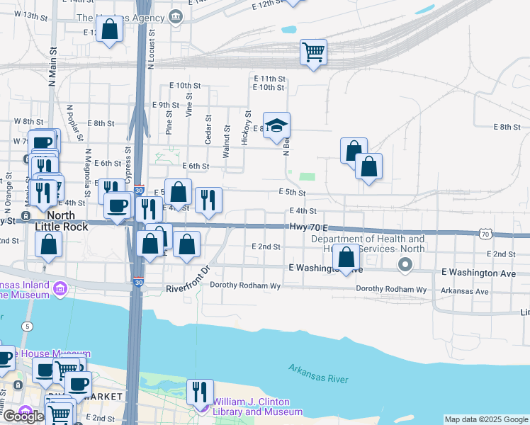 map of restaurants, bars, coffee shops, grocery stores, and more near North Hazel Street in North Little Rock
