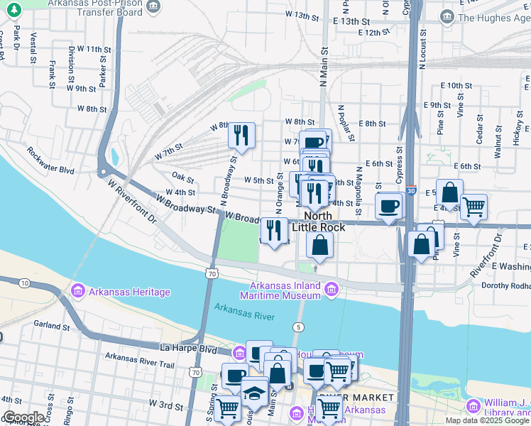 map of restaurants, bars, coffee shops, grocery stores, and more near 309 West Broadway Street in North Little Rock