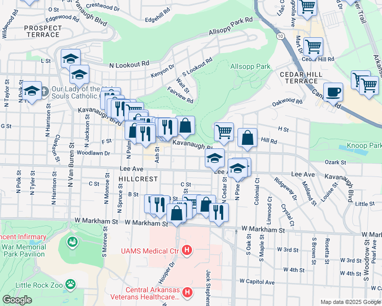 map of restaurants, bars, coffee shops, grocery stores, and more near 4220 Woodlawn Drive in Little Rock