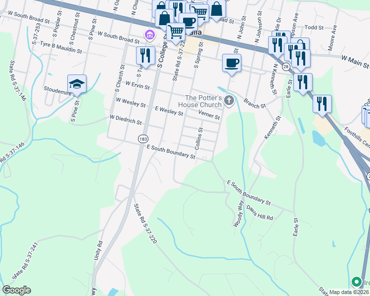 map of restaurants, bars, coffee shops, grocery stores, and more near 304 Pitchford Street in Walhalla
