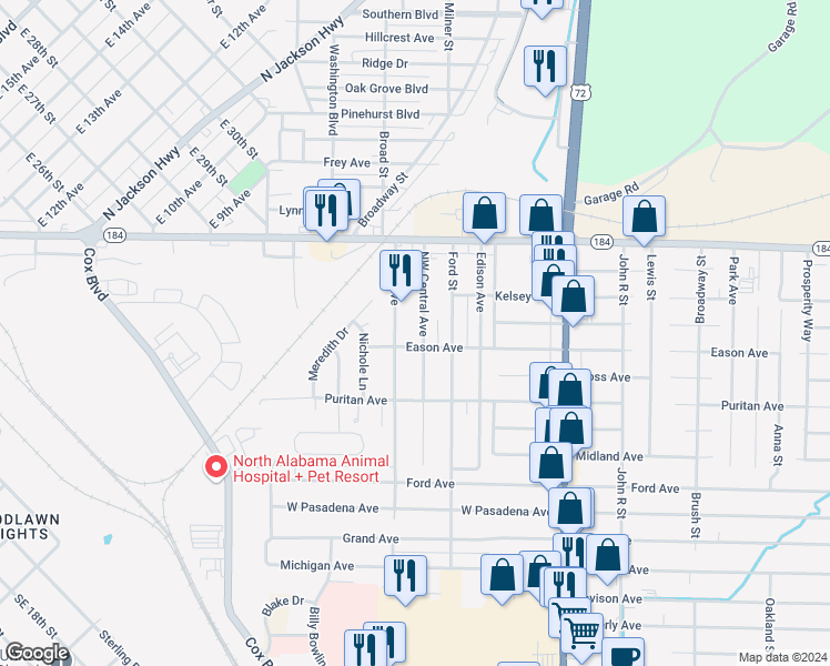 map of restaurants, bars, coffee shops, grocery stores, and more near 232 Northwest Central Avenue in Muscle Shoals