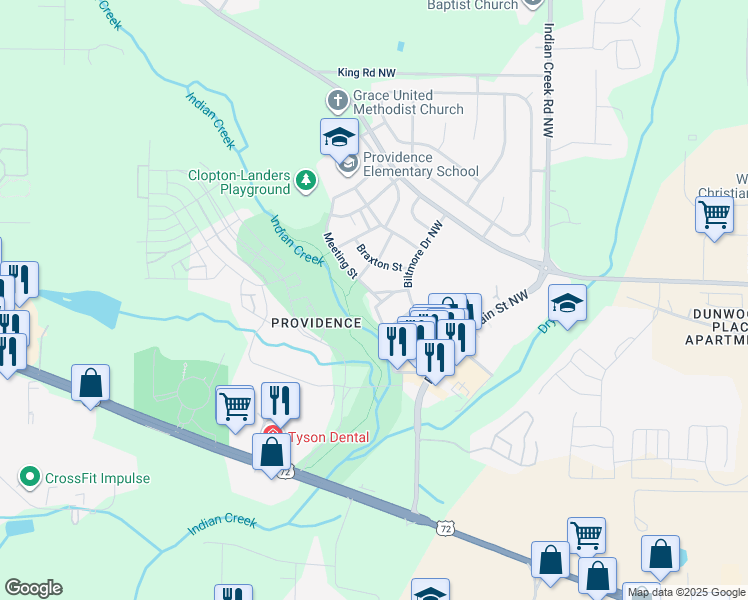 map of restaurants, bars, coffee shops, grocery stores, and more near 2 Meeting Street in Huntsville