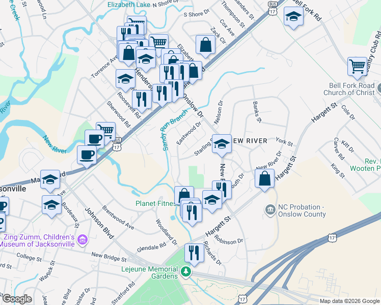 map of restaurants, bars, coffee shops, grocery stores, and more near 308 Eastwood Drive in Jacksonville