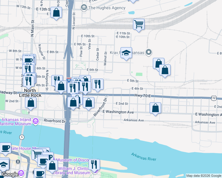 map of restaurants, bars, coffee shops, grocery stores, and more near 315 Hickory Street in North Little Rock