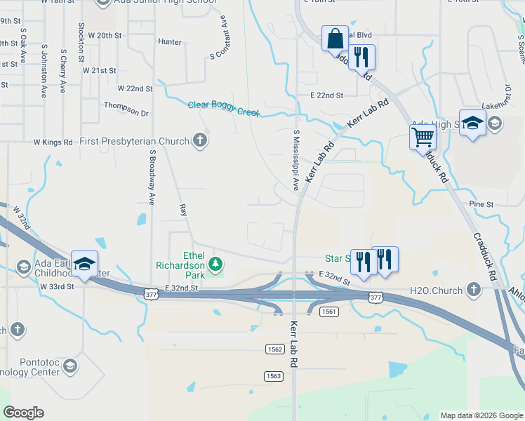 map of restaurants, bars, coffee shops, grocery stores, and more near 501 Wisteria Way in Ada