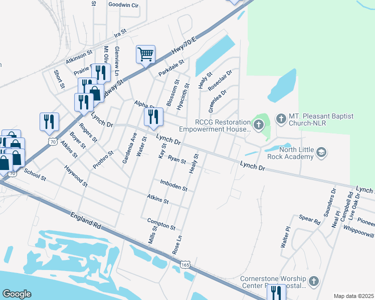 map of restaurants, bars, coffee shops, grocery stores, and more near 5200 Lynch Drive in North Little Rock