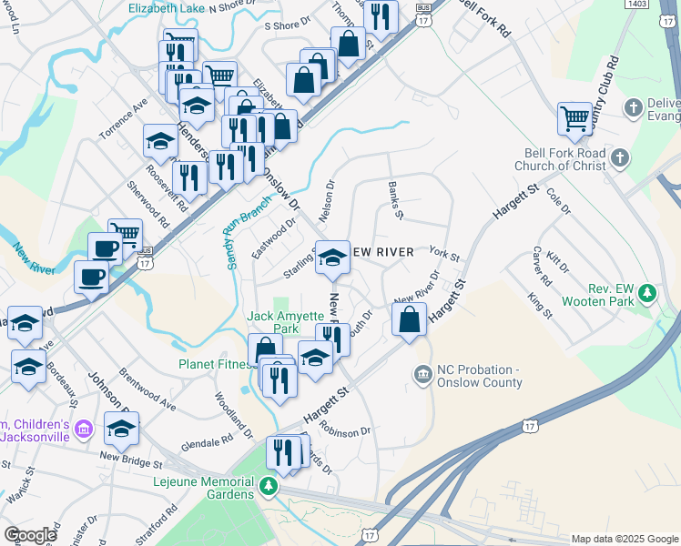 map of restaurants, bars, coffee shops, grocery stores, and more near 329 New River Drive in Jacksonville