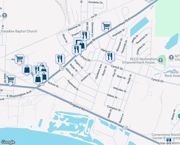map of restaurants, bars, coffee shops, grocery stores, and more near 605 Prothro Street in North Little Rock
