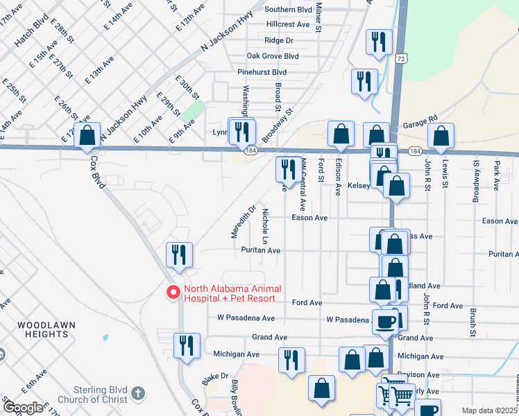 map of restaurants, bars, coffee shops, grocery stores, and more near 293 Nichole Lane in Muscle Shoals