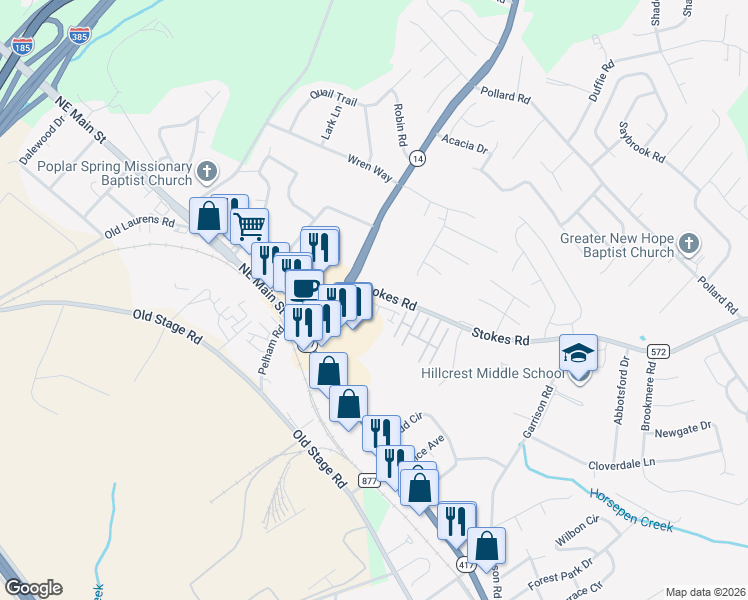 map of restaurants, bars, coffee shops, grocery stores, and more near 150 South Carolina 14 in Simpsonville