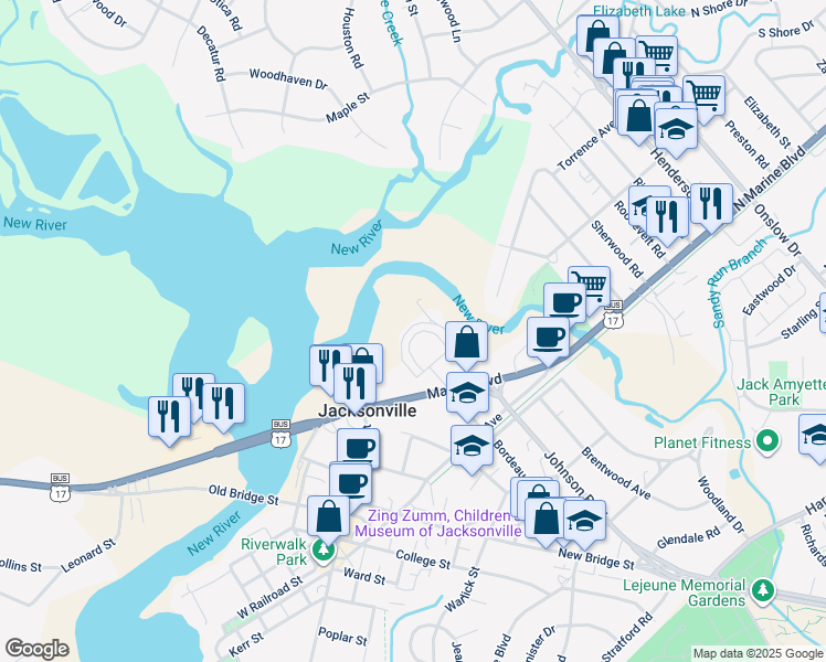 map of restaurants, bars, coffee shops, grocery stores, and more near 129 Circle Drive in Jacksonville