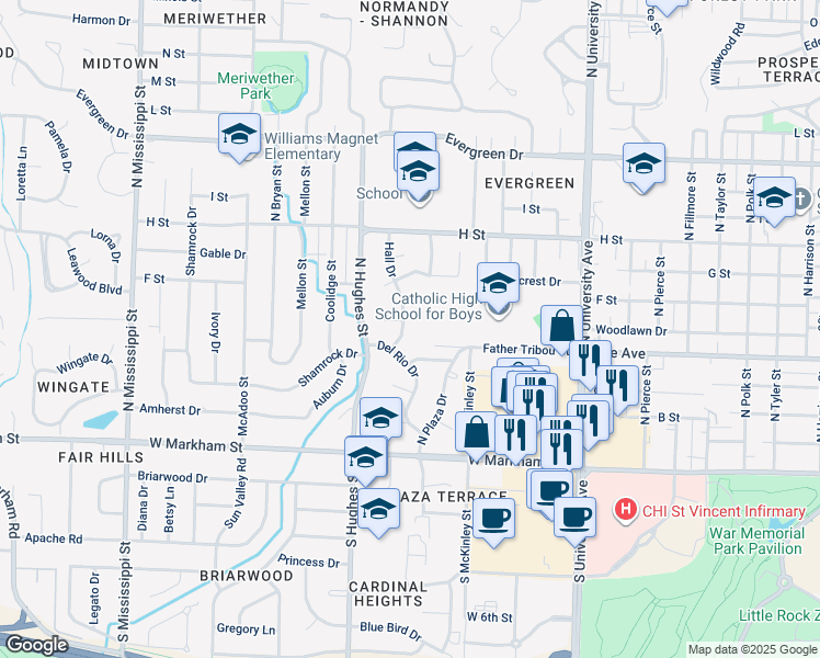 map of restaurants, bars, coffee shops, grocery stores, and more near 515 Hall Drive in Little Rock