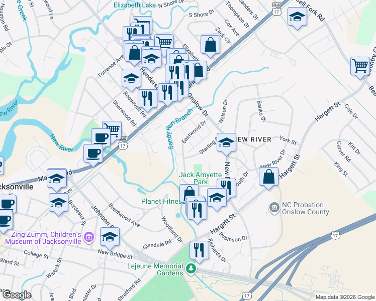 map of restaurants, bars, coffee shops, grocery stores, and more near 308 Eastwood Drive in Jacksonville