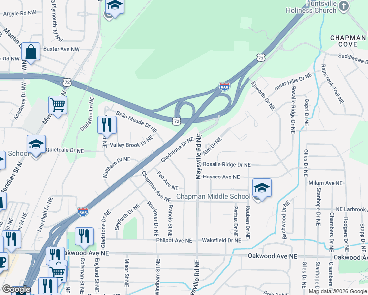 map of restaurants, bars, coffee shops, grocery stores, and more near 2510 Gladstone Drive Northeast in Huntsville