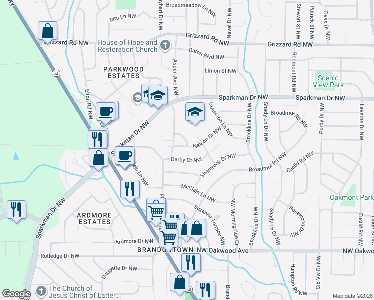 map of restaurants, bars, coffee shops, grocery stores, and more near 4107 Nelson Drive Northwest in Huntsville