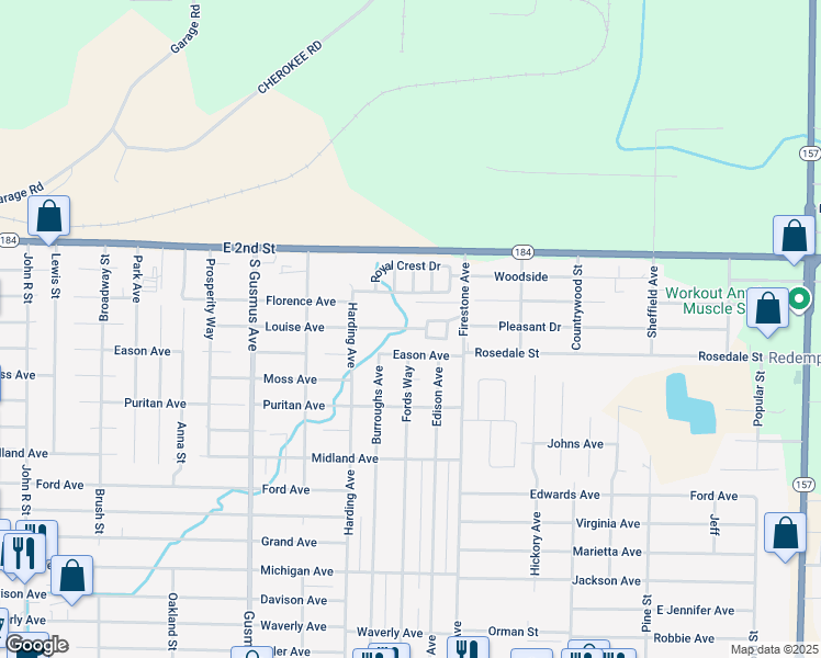 map of restaurants, bars, coffee shops, grocery stores, and more near 9 West Eason Avenue in Muscle Shoals