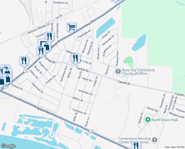 map of restaurants, bars, coffee shops, grocery stores, and more near 5200 Lynch Drive in North Little Rock