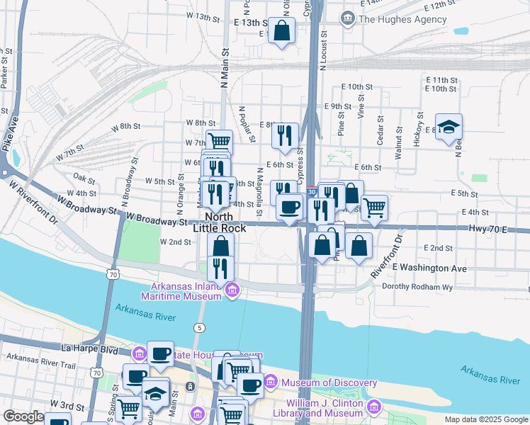map of restaurants, bars, coffee shops, grocery stores, and more near 312 North Magnolia Street in North Little Rock