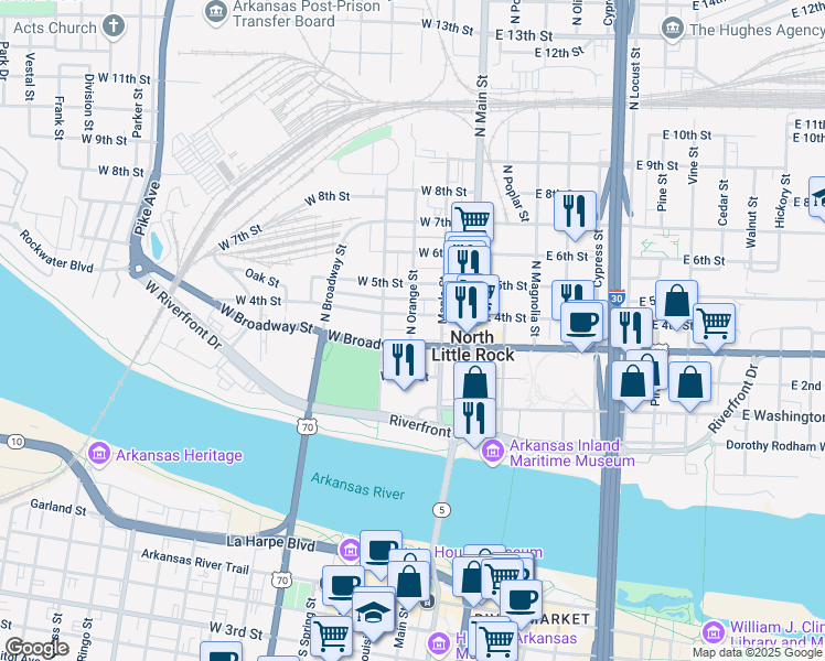 map of restaurants, bars, coffee shops, grocery stores, and more near 201 West Broadway Street in North Little Rock
