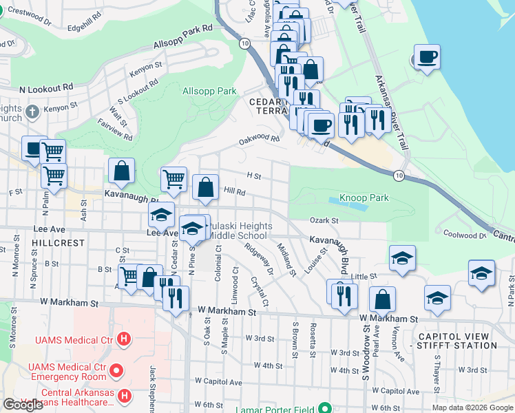 map of restaurants, bars, coffee shops, grocery stores, and more near 1700 Kavanaugh Boulevard in Little Rock