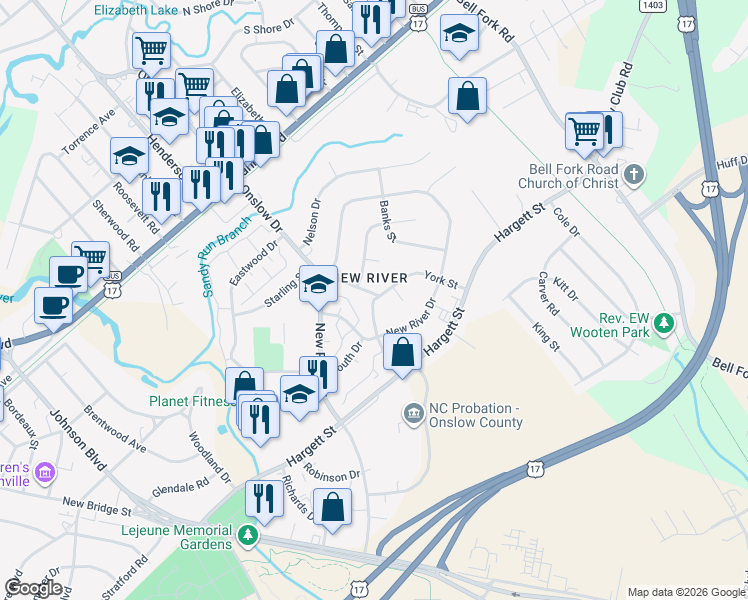 map of restaurants, bars, coffee shops, grocery stores, and more near 243 York Street in Jacksonville