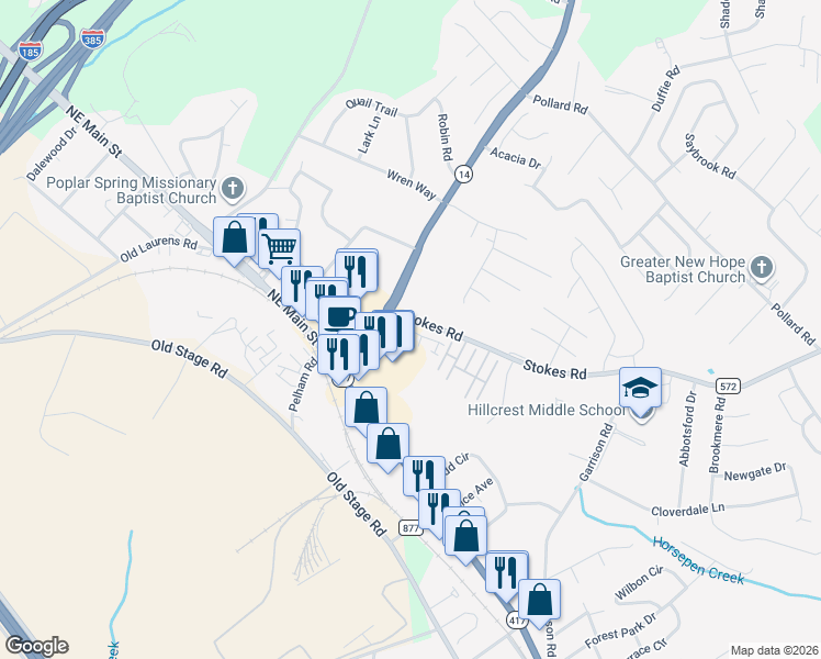 map of restaurants, bars, coffee shops, grocery stores, and more near 150 South Carolina 14 in Simpsonville