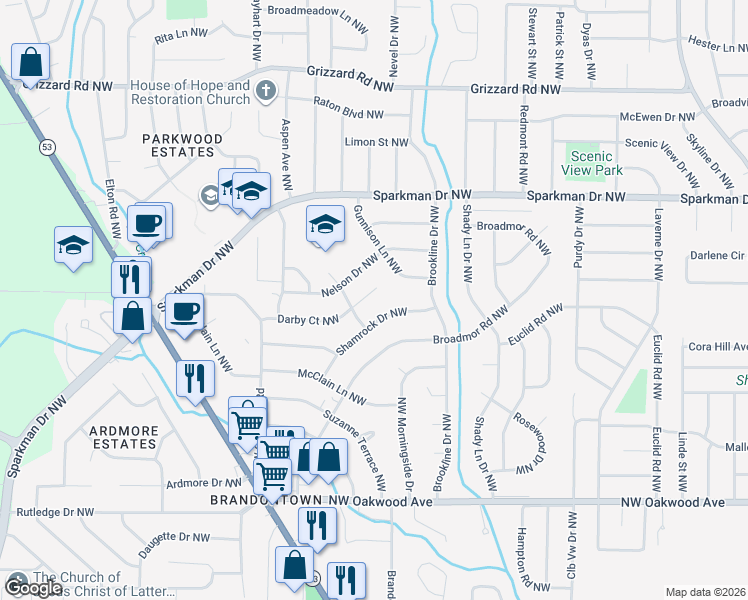 map of restaurants, bars, coffee shops, grocery stores, and more near 4007 Darby Court Northwest in Huntsville