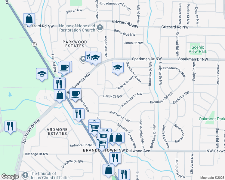 map of restaurants, bars, coffee shops, grocery stores, and more near 4107 Nelson Drive Northwest in Huntsville
