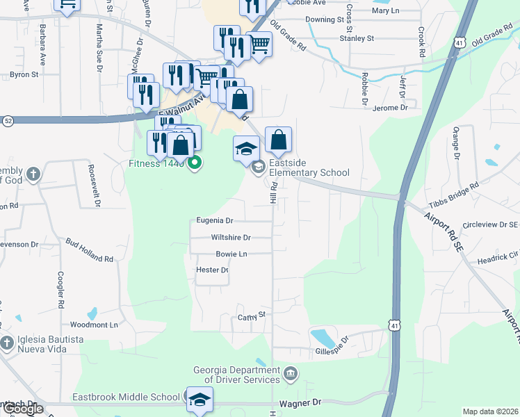 map of restaurants, bars, coffee shops, grocery stores, and more near 145 Debbie Way in Dalton