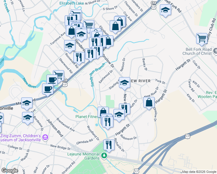 map of restaurants, bars, coffee shops, grocery stores, and more near 322 Starling Street in Jacksonville