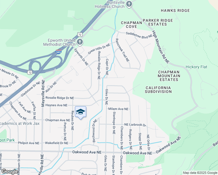 map of restaurants, bars, coffee shops, grocery stores, and more near 2321 Rodgers Drive Northeast in Huntsville
