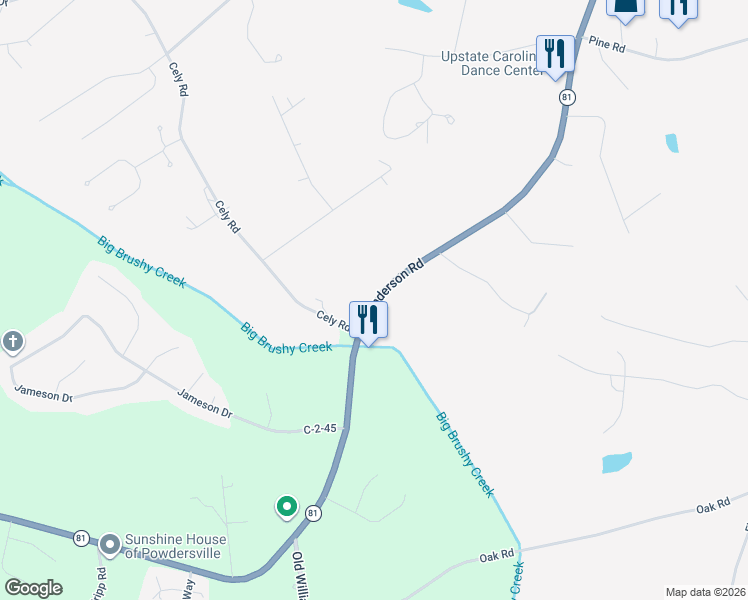 map of restaurants, bars, coffee shops, grocery stores, and more near 9911 Anderson Road in Powdersville