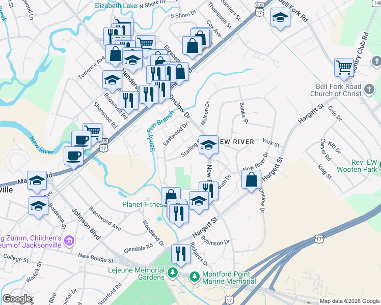 map of restaurants, bars, coffee shops, grocery stores, and more near 326 Starling Street in Jacksonville