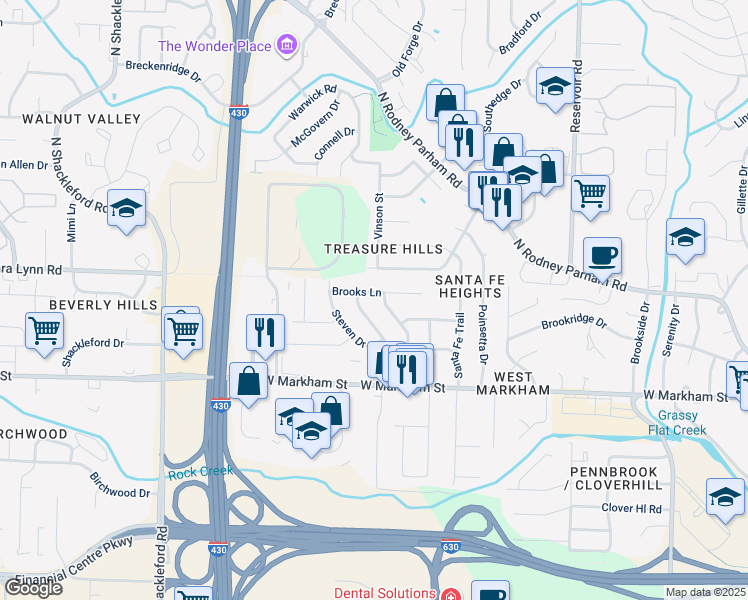 map of restaurants, bars, coffee shops, grocery stores, and more near 9911 Brooks Lane in Little Rock