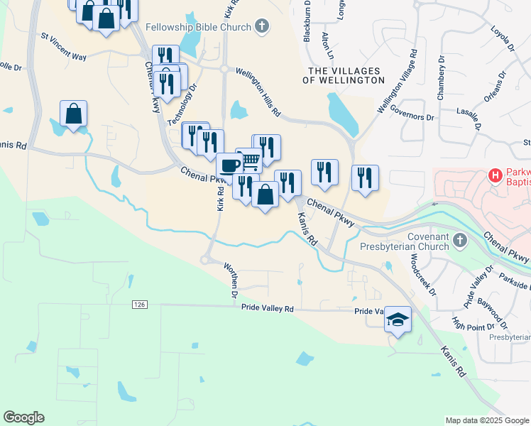 map of restaurants, bars, coffee shops, grocery stores, and more near 16105 Chenal Parkway in Little Rock