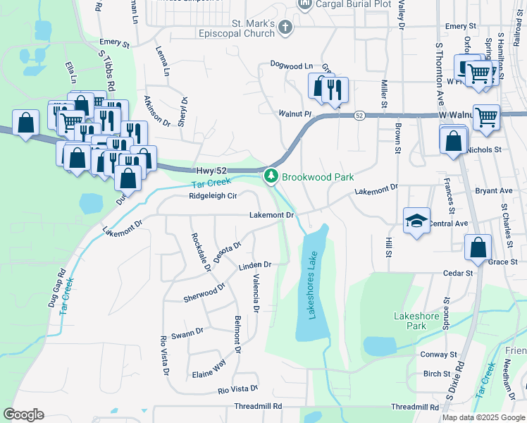 map of restaurants, bars, coffee shops, grocery stores, and more near 1100 Ridgeleigh Circle in Dalton