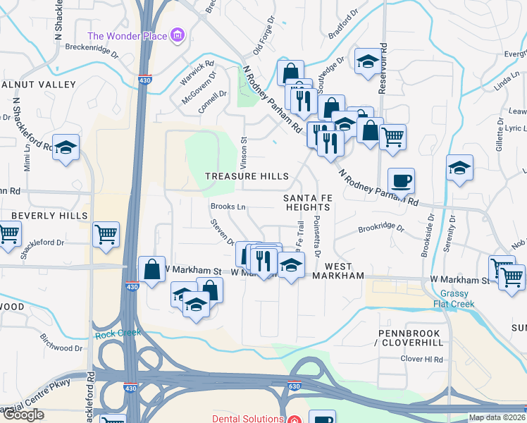 map of restaurants, bars, coffee shops, grocery stores, and more near 9805 Brooks Lane in Little Rock