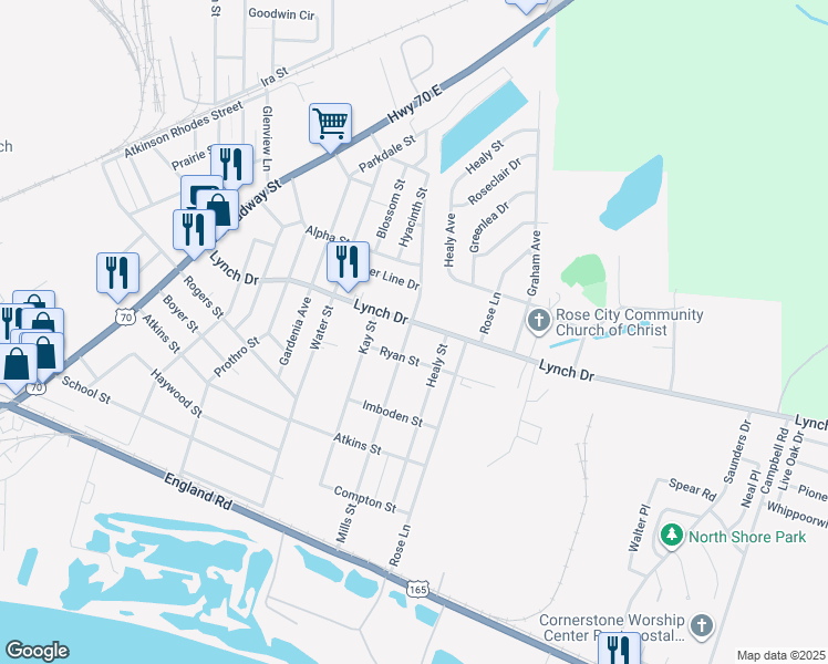 map of restaurants, bars, coffee shops, grocery stores, and more near 5200 Lynch Drive in North Little Rock